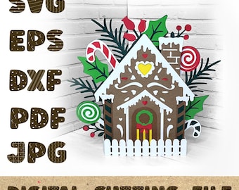 Gingerbread Cottage Christmas Card 3D Paper cut SVG Card Cut File  Cricut Silhouette DIY Pop Up Card SVGA