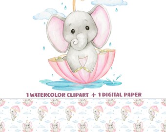 Elephant digital paper animals clipart watercolor baby Pink umbrella illustration, nursery baby paper, baby fabric,  scrapbook for girl