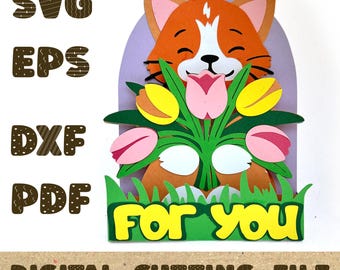 3D Pop Up Cat Card SVG | Cute Birthday Kitten with Flowers Papercraft | For You Greeting Card SVG Cut Files Cricut