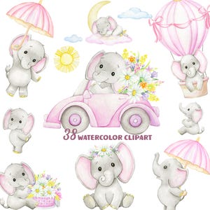 Pink Elephant, elephant clipart watercolor baby elephants umbrella illustration, nursery baby paper, baby elephant fabric,  scrapbook girl