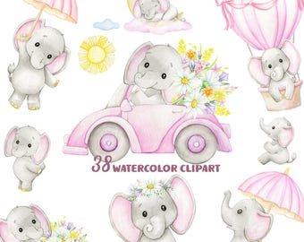 Elefante rosa, clipart de elefante, acuarela, elefantes bebés, ilustración de paraguas, papel de bebé para guardería, tela de elefante bebé, niña de álbum de recortes