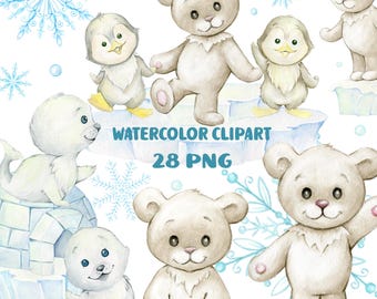 May include: Watercolor clipart featuring adorable polar bears, penguins, and seals in a winter theme. The image includes snowflakes and an igloo, with the text "WATERCOLOR CLIPART 28 PNG". The illustrations are in soft, muted colors.