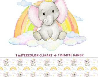 Elephant digital paper, sublimation design watercolor baby elephants rainbow clouds illustration,  elephant scrapbook T-shirt print for girl