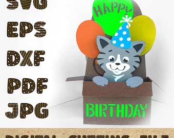 Happy Birthday Cat Card Pop Up Card SVG 3D Papercut SVG Card Cut File Cricut Silhouette DIY