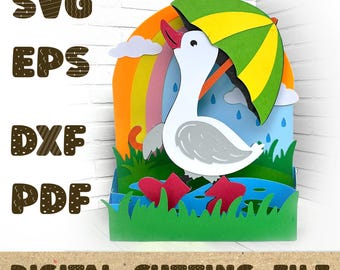 Spring Goose Pop Up Card SVG, 3D Paper Craft Template for Cricut and Silhouette, Rainy Day Rainbow DIY Greeting Card DXF, Laser Cut File