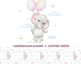 Elephant digital paper, sublimation design watercolor baby elephants clouds, balloons, nursery baby paper, scrapbook T-shirt print for girl