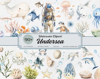 Onderzeese aquarel clipartbundel: 93 oceaandieren, png (digitale download)