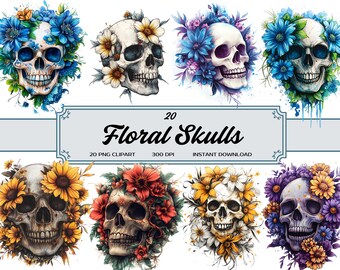 Könnte beinhalten: Digitale Kunst mit Aquarellschädeln, die mit lebendigen Blumenarrangements verziert sind. Das Bild zeigt eine Vielzahl von Schädeln, die mit blauen, gelben, roten und lila Blumen geschmückt sind. Der Text lautet "20 Floral Skulls" mit Details zum Clipart.