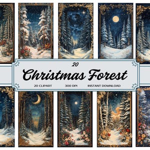 Clipartpakket betoverd kerstbos - Winter Wonderland bostaferelen, magische vakantie, besneeuwde bomen, nachtelijke hemel, vintage kerstdecor