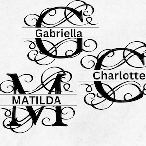May include: Three black and white monogrammed initials with decorative swirls. The initials are G, C, and M. The names Gabriella, Charlotte, and Matilda are written below the initials.