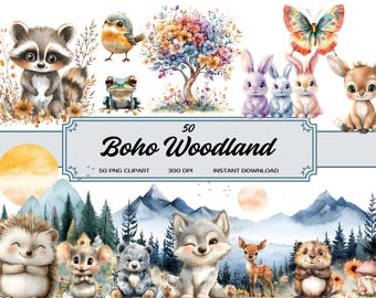 Watercolor Woodland Animal Clipart: Boho Forest Designs (PNG Digital Download)
