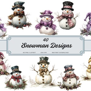 40 Snowman Clipart PNG – Christmas Snowman Digital Download, Winter Clipart, Holiday PNG, Printable Snowman, Vintage, Whimsical Snowmen