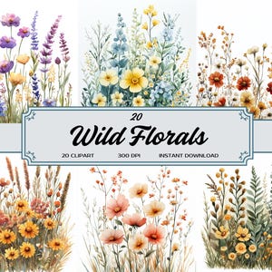 Puede incluir: 20 imágenes de clipart de acuarela de flores silvestres. Las imágenes presentan una variedad de flores silvestres en tonos de azul, amarillo, naranja y rosa. Las imágenes son de 300 DPI y son perfectas para proyectos digitales.