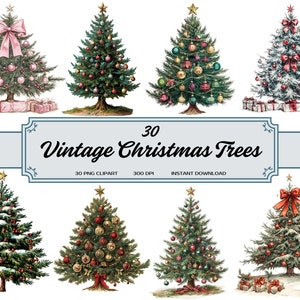 May include: 30 vintage Christmas tree illustrations in PNG format. The trees are decorated with ornaments, bows, and garlands. Some trees are covered in snow. The illustrations are perfect for crafting, scrapbooking, and digital design.