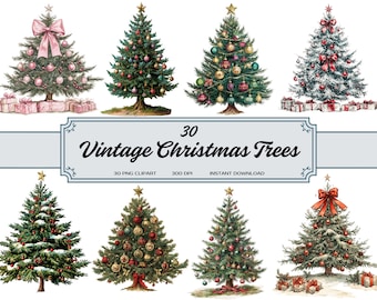 Vintage Christmas Tree Clipart Bundle | 32 PNG Holiday Images | Retro Xmas Graphics for Scrapbooking, Cards, Crafts, Sublimation