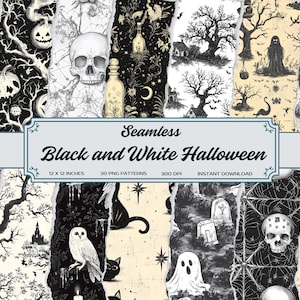 Vintage Halloween Paper: Black & White Gothic Patterns (PNG Digital Download)