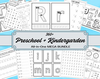 360+ Page Preschool and Kindergarten Learning pack - Printable Activity Worksheets, Tracing, Coloring, Alphabet, Math, Shapes, and More