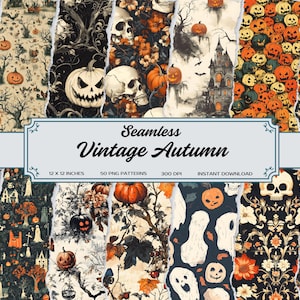 Vintage Halloween Digital Paper Pack: Skulls, Pumpkins, Haunted Houses (PNG)