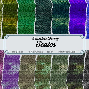 Puede incluir: Un conjunto de 18 patrones digitales sin costuras que presentan escamas iridiscentes en varios colores, incluidos el verde, el azul, el morado y el rojo. Los patrones son de 30,48 x 30,48 cm y 300 DPI.  "Seamless Desing Scales" está escrito en el centro de la imagen.