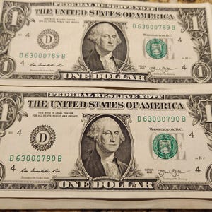 2013 Series 2-One Dollar Bills with Consecutive Serial Numbers 63000789-63000790