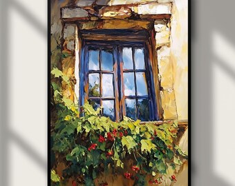 Pode incluir: Uma pintura de uma janela com moldura azul e vista para um céu nublado. A janela é cercada por videiras verdes com flores vermelhas.