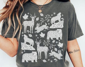 Cottagecore winter forest scandinavian style folk art Linocut woodland creatures comfort colors shirt