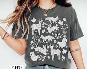 Cottagecore woodland animals scandinavian style folk art Linocut forest creatures comfort colors shirt