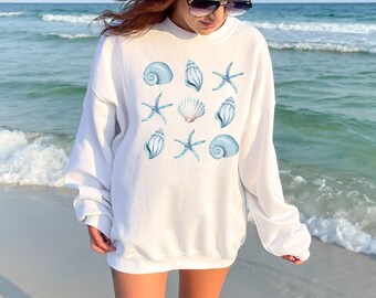 Blue Seashells and Starfish Sweater, Summer Beachy Crewneck, Ocean Vibes Gift for her, Beach Lover Starfish Shell Sweatshirt, Salty Shirt
