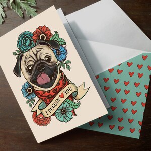 面白い印刷可能なパグ「I Puggin' Love You」バレンタインデーまたは記念日のロマンチックなラブカードと、それに合わせた印刷可能な封筒のバレンタイン