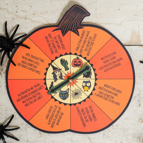 Printable Halloween spin game inspired by vintage Zingo Halloween Stunt Game.  Easy spinner game with funny activities for kids to act out