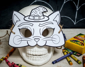 Halloween Printable Witch's Cat coloring mask, classroom Halloween activity or halloween birthday party favor for kids DIY instant download