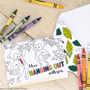 Carte imprimable pour la fête des pères, coloriage singe, téléchargement immédiat, activité manuelle à la garderie en classe. « J'adore TRAVERSER avec vous »