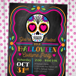 Sugar Skull Day of the Dead Birthday or Halloween Party Invitation Custom printable digital file invitation bright colors girly punk