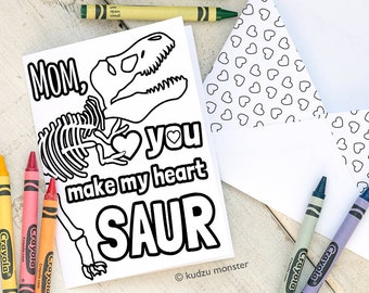INSTANT DOWNLOAD Mother's Day Card Coloring page T Rex Skeleton Fossil printable craft classroom activity Dinosaur You Make My Heart Saur