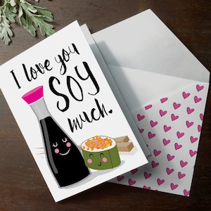 Simpatico biglietto Sushi stampabile Ti amo SOY much Love card Stampa fai da te a casa con download istantaneo e biglietto di anniversario con busta abbinata
