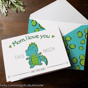 INSTANT DOWNLOAD Moederdag kaart schattig kind t rex dinosaurus karakter karakter moeder, ik hou van je deze veel gestrekte armen dikke knuffel DIY kaart