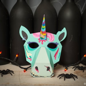 Printable ZOMBIE Unicorn Paper Mask Creepy Cute Halloween or Unicorn Birthday Party DIY print at home cute mask craft for kids or adults image 1
