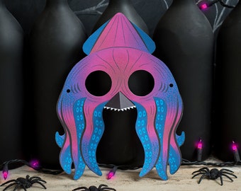 Imprimable Halloween Kraken Sea Monster Squid Masque DIY artisanat masque imprimer à la maison activité de classe, mignon, amusant, masque effrayant pour les enfants ou les adultes