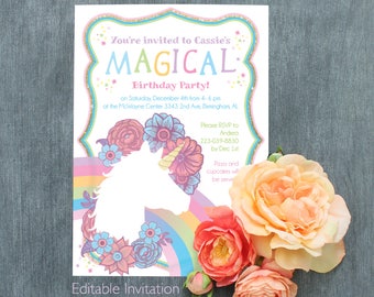 Unicorn Rainbow Gold Glitter Editable Printable Birthday Party Invitation Cute girly flowers and sparkles instant download DIY invite