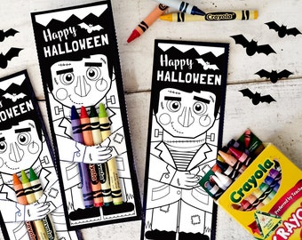 Halloween printable Frankenstein coloring page crayon hugger colored pencil holder classroom activity non candy halloween treat goodie gift