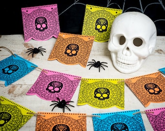 Halloween Printable Day of the Dead Dia De Los Muertos Skull banner flags faux lace doily pattern in bright neon colors sugar skull