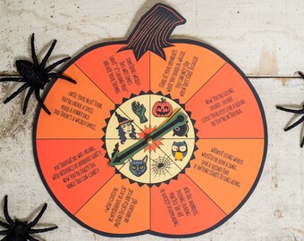 Printable Halloween spin game inspired by vintage Zingo Halloween Stunt Game.  Easy spinner game with funny activities for kids to act out