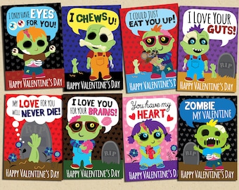 INSTANT DOWNLOAD Printable Classroom zombie valentines cards valentine's day funny boys valentine brains zombies creepy gross tomboy punk