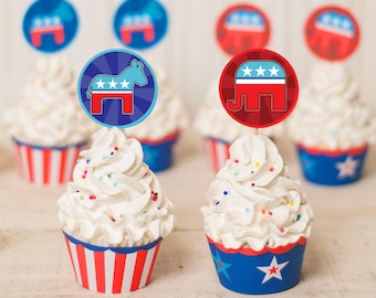 Cupcake Printables Election Party Political Debate Party DIY cupcake kit Cupcake Wrappers Toppers Republican Elephant Democrat Donkey