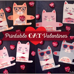 Cat Valentines Candy Huggers Printable Kitten Valentine cards White cat, orange striped cat with hipster glasses, gray cat with sunglasses image 1