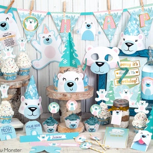 Polar Bear Party Printable Decor kit Arctic frozen party cute polar bear decorations banner invitation cupcake toppers party favors and more