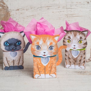 May include: Three small gift bags shaped like cats with pink tissue paper peeking out of the top. The cats are a Siamese, a tabby, and an orange tabby. Each cat has a heart-shaped tag around its neck.