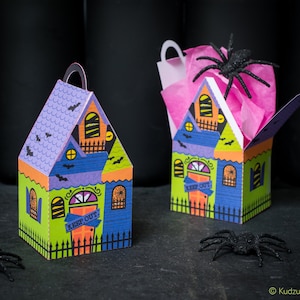 Haunted House treat boxes instant download DIY foldable paper Halloween house shaped box for candy, cookies, small toys spooky party favors