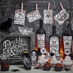Halloween Printable Party Decor kit with cupcake wrapper and cupcake toppers, apothecary bottle labels, art print, party favor coffin boxes image 1