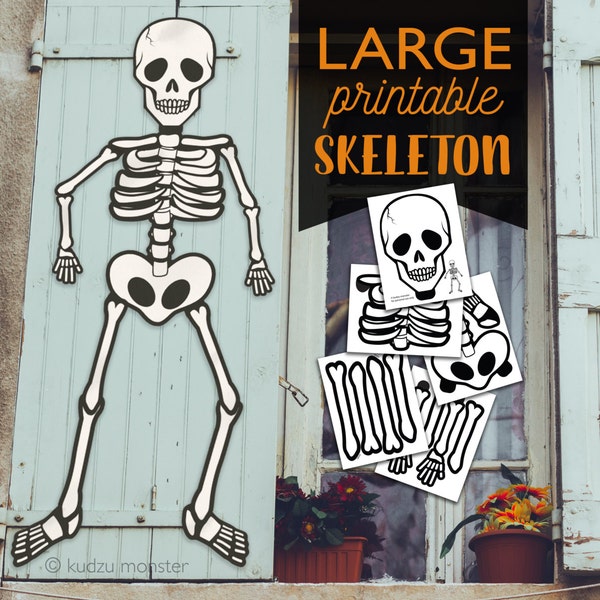 Large Multi Page Printable Skeleton halloween Door or window decor Cute friendly skeleton DIY Classroom halloween door decoration printable